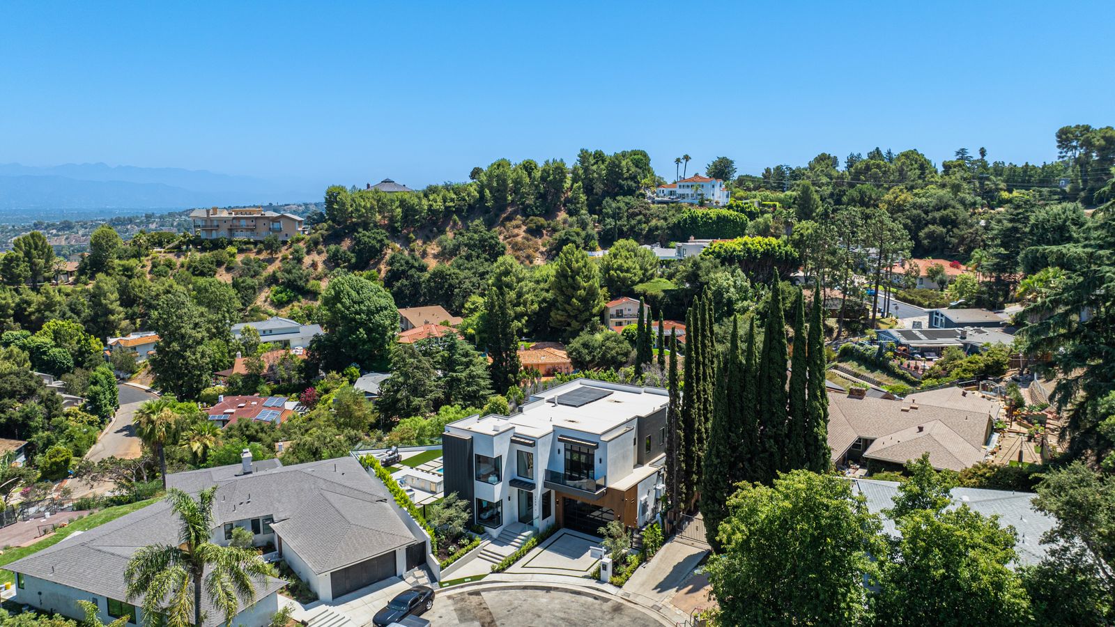 Hillside houses tucked among oaks, cypress, and palms on a sunny Los Angeles canyon slope, seen from above